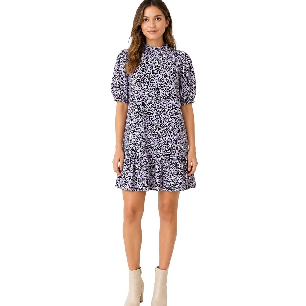 Tyler Boe Purple Leopard Ruffle Hem Puff Sleeve‎ Smock Tiered Mini Dress Sz L